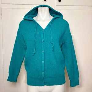 Vintage 70s/80s Blue Green Hooded Knit Button Up Cardigan Jacket